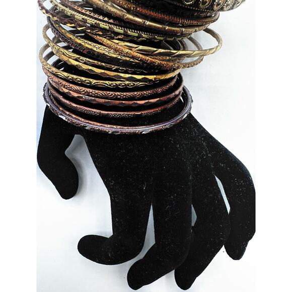 31 Boho Chic mixed metal gold & brown colored stack bangle bracelets, J-01-68 - Picture 10 of 13